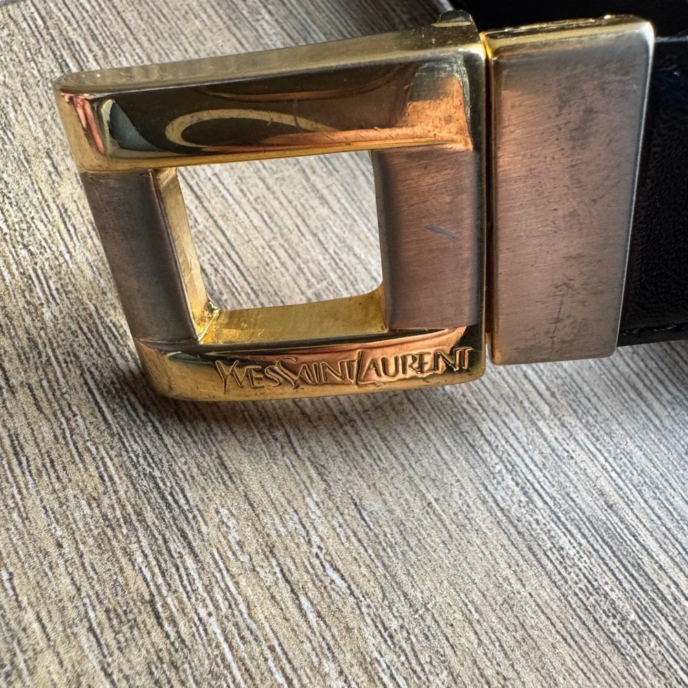 Yves Saint Laurent YSL Mens Reversible‎ Leather Belt Black Burgundy Size 46